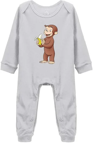 Vista 2 de Baby Cotton Rompers Curious Monkey Eat Banana Boy Girl Long Sleeve Jumpsuit Negro