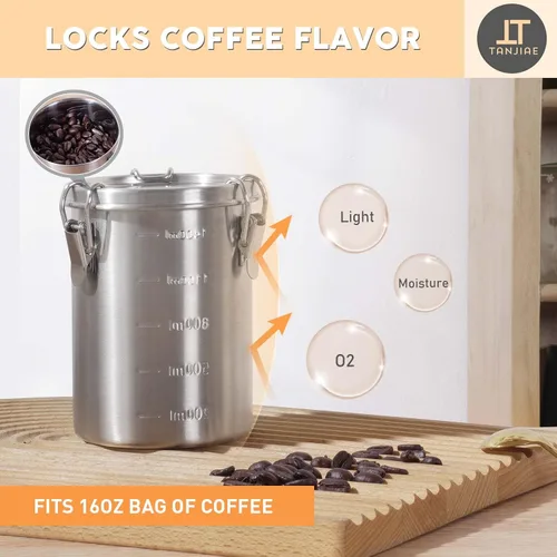 Vista 3 de Tanjiae Recipiente de café de acero inoxidable 100% hermético de metal con tapa sellada, mantiene los granos de café, azúcar y té frescos durante