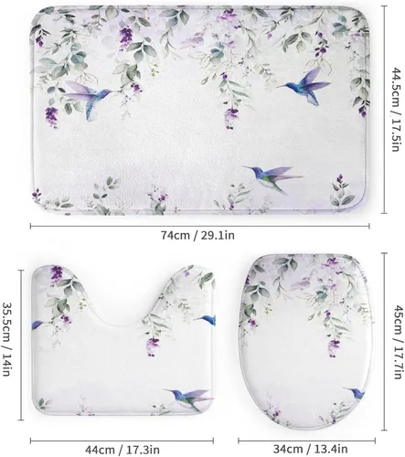 Vista 3 de Hermosos juegos de cortinas de ducha de 4 piezas de hojas de eucalipto, colibrí, rústico, acuarela, morado, eucalipto, floral, colibrí