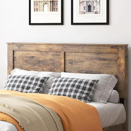 Vista 6 de Marco de cama tamaño matrimonial con cabecero, color marrón oscuro Marco de cama de plataforma de madera rústica con soporte de 12 listones