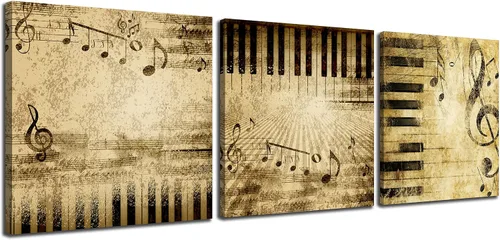 Vista 20 de 3 piezas de lienzo musical para pared, impresiones de notas musicales abstractas, coloridas ilustraciones de ondas sonoras, claves agudas