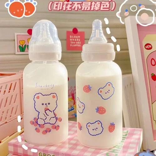 Vista 5 de JHTPSLR Botella de agua de vidrio con pezón con pezón de 11 onzas, botella de agua Kawaii para adultos, deportes, oficina, bonita botella