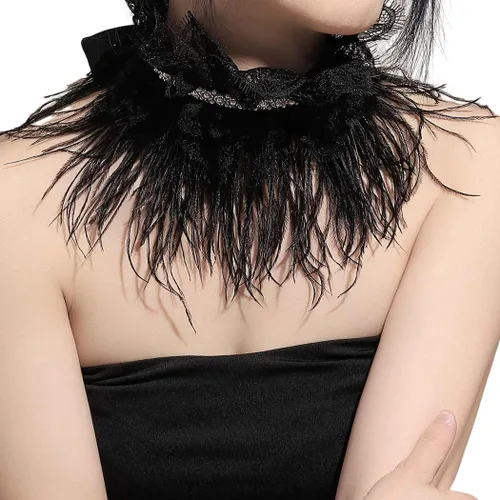 Vista 2 de Gargantilla de encaje negro, collar gótico de plumas naturales, collar de perlas, cuello de perlas para fiesta de Halloween, joyería de disfraz