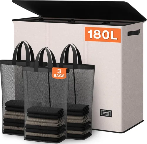 Vista 9 de SOLEDI Cesta de lavandería de 3 secciones de 180L con tapa, cesta de ropa sucia extragrande con asas resistentes para lavandería y dormitorio