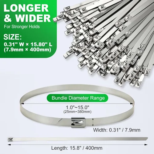 Vista 6 de Bridas de metal extra anchas de 15.8 pulgadas – bridas de acero inoxidable 304 resistentes Bridas de cables autobloqueantes para valla