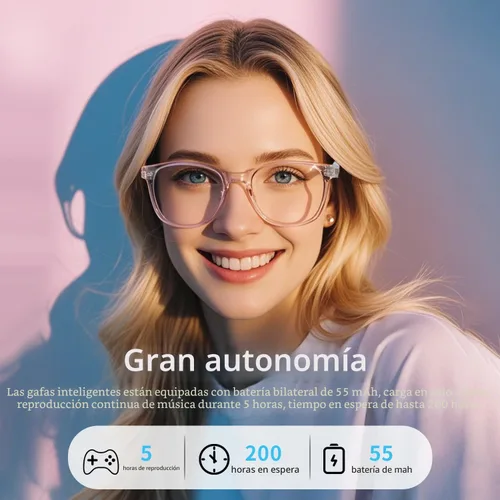 Vista 5 de Lentes inteligentes para mujer, lentes filtrantes de luz azul, Bluetooth 5.3, audio y micrófono, tacto inteligente, sonido claro de oído abierto