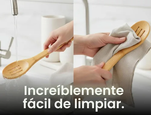 Vista 7 de Cucharas de bambú para cocinar - Juego de 8 cucharas con soporte - Cucharas de cocina de madera - Utensilios de cocina de bambú no tóxicos