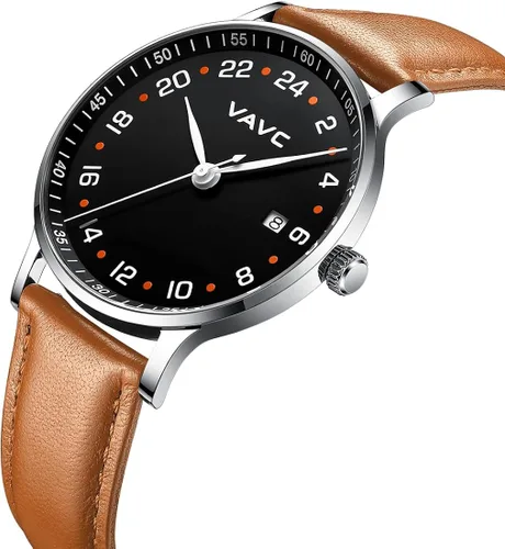 Vista 2 de VAVC 24 Hour Watch Unisex Swiss Quartz Movement Waterproof Watch with Black Leather Strap for Men Women