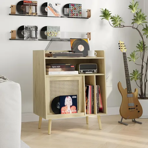 Vista 7 de Semiocthome Soporte para tocadiscos con almacenamiento de vinilo, mesa de tocadiscos con estante de almacenamiento, soporte giratorio con puerta