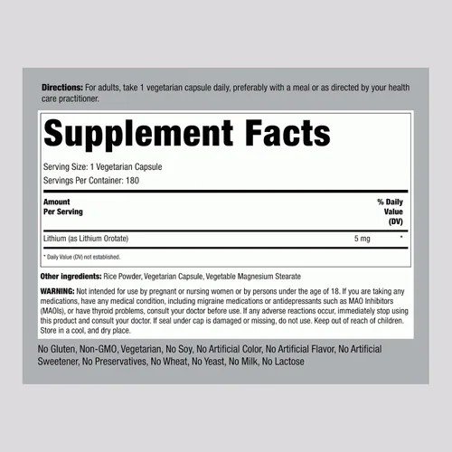 Vista 2 de Piping Rock Suplemento de orrotato de litio 5 mg 180 cápsulas Sin OMG, vegetariano, sin gluten