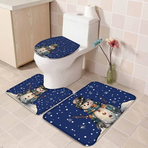 Vista 5 de Juego de 3 alfombras de baño navideñas de invierno, muñeco de nieve, copo de nieve, azul marino, antideslizantes, tapete absorbente de contorno