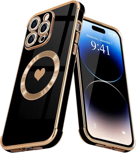 Vista 17 de Funda magnética para iPhone 13, para mujeres y niñas, chapado de lujo, lindo corazón de amor, cubierta trasera suave, protección completa de lente