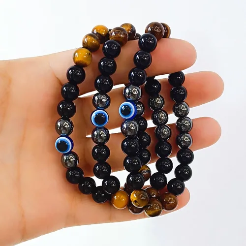 Vista 81 de Pulseras de triple protección con piedra de ojo de tigre de obsidiana negra con hematita para hombres y mujeres, pulsera de piedra curativa