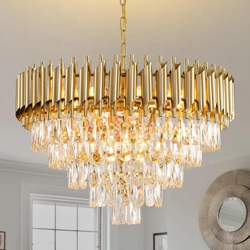 Vista 11 de Candelabro de cristal moderno dorado de 5 niveles para sala de estar, lámpara de araña grande de cristal negro, lámpara colgante de techo