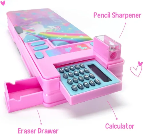 Vista 3 de Hot Focus Estuche de lápices de unicornio - Caja de lápices mecánicos multifunción para niñas, 2 compartimentos con calculadora desplegable