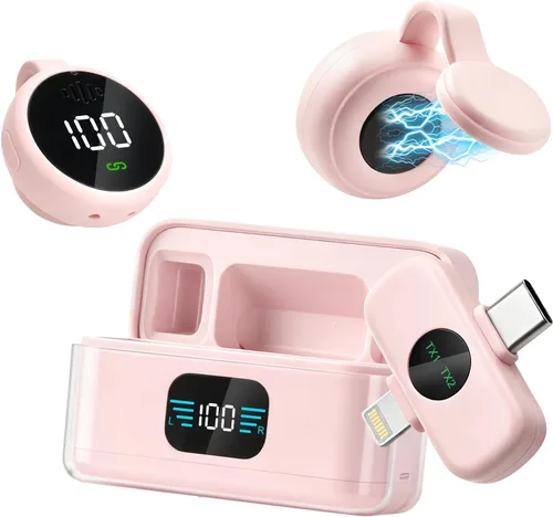 Vista 9 de 2 micrófonos de solapa inalámbricos 3 en 1 para iPhone, iPad, USB C, Android, portátil, con estuche de carga, clip en la solapa, mini micrófono