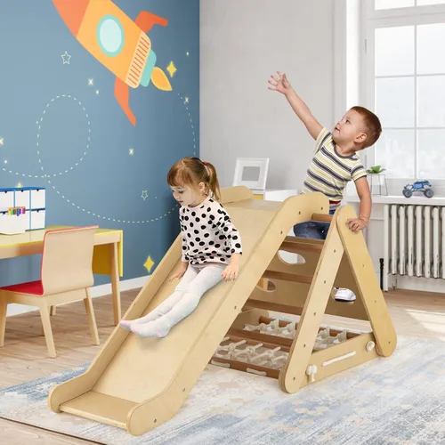 Vista 7 de Costzon Juguete de escalada 4 en 1 para niños pequeños, trepador de triángulo de madera Montessori de 3 lados con rampa deslizante, red de escalada