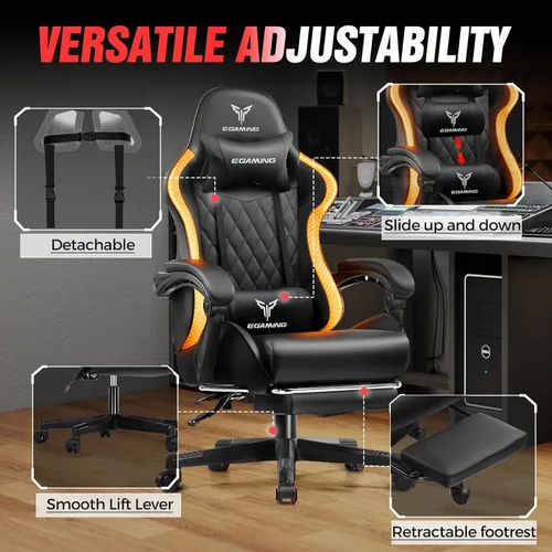 Vista 7 de EXRACING Silla de juegos con reposapiés ergonómica de cuero sintético con respaldo alto y luces LED RGB, reposabrazos de enlace y reposacabezas