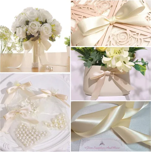 Vista 3 de Cinta beige de 1-1/2 pulgadas x 25 yardas, cinta de satén de tela de color sólido para envolver regalos, manualidades, ramos de novia, coronas