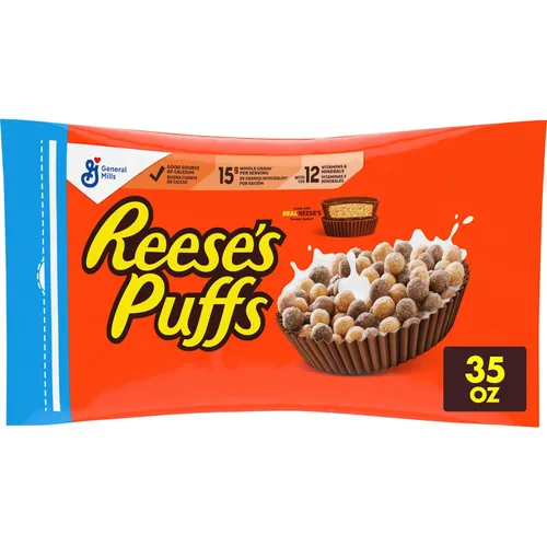 Vista 14 de REESE'S PUFFS Cereal para el desayuno, cereal de mantequilla de maní con chocolate, 11.5 onzas Made with Real Reese's Peanut Butter, 15g Whole