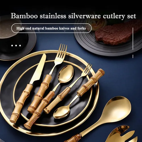 Vista 2 de juegos de cubiertos de bambú, juego de cubiertos de mango de bambú, utensilios de cocina para el hogar, juegos de cubiertos para 4, se recomienda