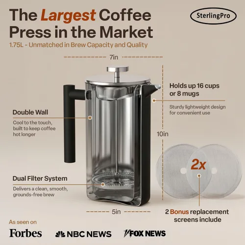 Vista 3 de SterlingPro - Cafetera de prensa francesa de acero inoxidable extra grande con aislamiento no tóxico de 64 onzas, capacidad de 1/2 galón/2 litros