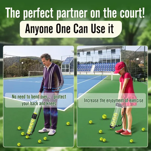 Vista 7 de Hikeen Tubo de recogida de pelotas de tenis duradero con 6/12 pelotas de tenis, recogida rápida y almacenamiento, tubo de pelota de tenis con correa