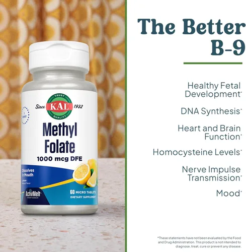 Vista 3 de KAL Folato de metilo 1000 mcg - Forma activa de 5-MTHF, suplemento de ácido fólico para mujeres y hombres, salud cardíaca, prenatal, apoyo cerebral