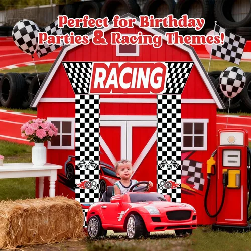 Vista 5 de Decoraciones para fiestas de autos de carreras, 3 piezas con temática de carreras, banderas a cuadros, para colgar en cabina de fotos de cumpleaños