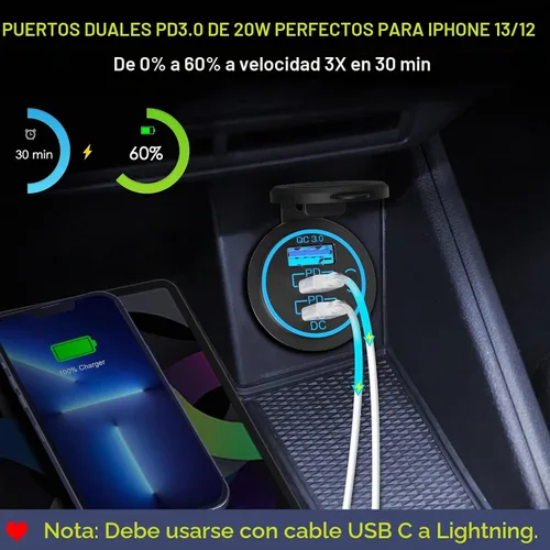 Vista 3 de Enchufe USB C para cargador de coche – 58 W alargado RV USB Outlet 12V Socket Dual 20W PD3.0 USB-C y 18W QC3.0 Puerto USB de coche con interruptor