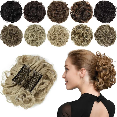 Vista 10 de Rose bud Postizo de Moño Rizado Extensiones de Moño Coletero Peinado Recogido Peinetas Sintéticas en Moño Desordenado Postizo de Cabello