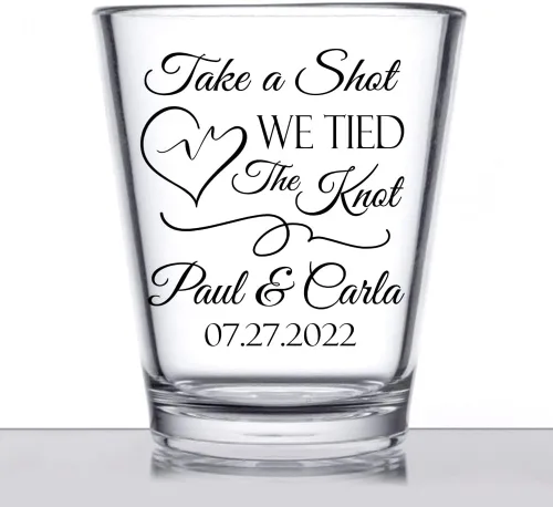 Vista 5 de BARCONIC Gafas de chupito de boda personalizadas, toma un tiro, atamos el nudo, lindos diseños personalizables
