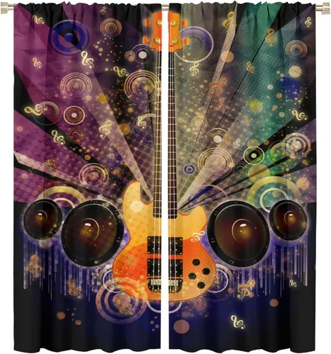 Vista 42 de Cortinas de música rock para adolescentes, tratamiento de ventana de guitarra electrónica para dormitorio, sala de estar, cortinas de ventana