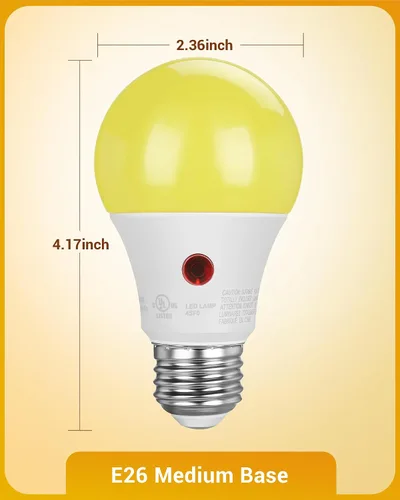 Vista 7 de DEWENWILS Bombilla LED A19 para exteriores del anochecer al amanecer, bombillas amarillas para exteriores, brillo ámbar de 2000 K, equivalente a 9 W
