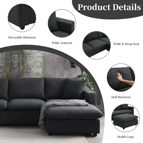 Vista 4 de Tmsan Sofá de nube en forma de L negro de 100.4 pulgadas, sofá modular moderno con diván otomano convertible para sala de estar, apartamento