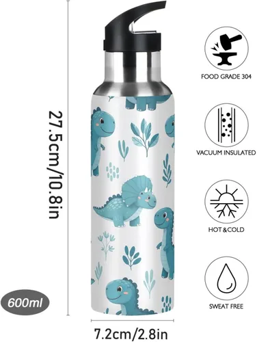Vista 9 de Linda botella de agua aislada azul dinosaurio de 32 onzas, botella de agua deportiva sin BPA aislada a prueba de fugas