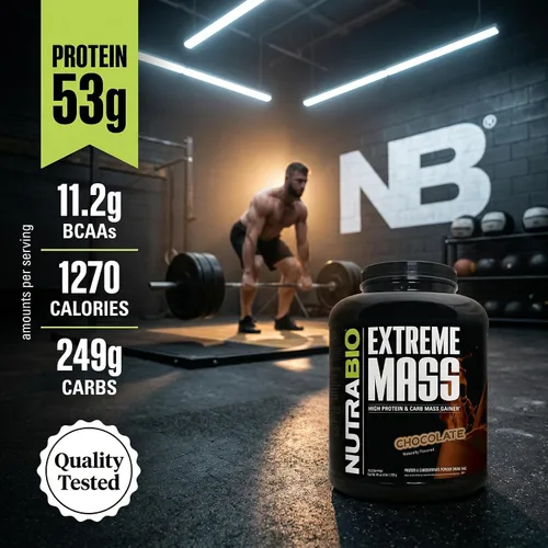 Vista 3 de NutraBio Extreme Mass Gainer Proteína en Polvo, 53G de Proteína, Ganador de Peso Limpio, Aumenta la Masa Muscular, Ácidos Aminados de Espectro
