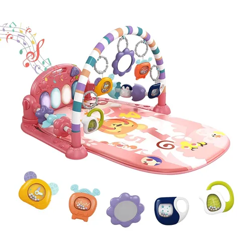 Vista 16 de dearlomum Gimnasio con tapete de juego para bebé, divertido tapete de piano para tiempo de barriga con 5 juguetes sensoriales para bebés y 2