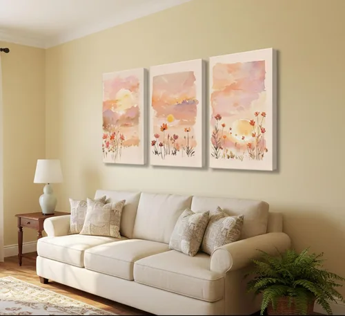 Vista 5 de 3 piezas de lienzo de amanecer para pared, flores silvestres rosas rubor, flores silvestres florales y naranjas, acuarela, pinturas de paisaje