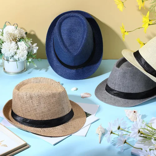 Vista 4 de Paquete de 8 sombreros de paja Panama Trilby Fedora con cinturón de cuero, sombreros de paja de ala corta, sombrero de playa de verano para hombres