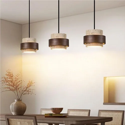 Vista 2 de Retro Solid Wood Hanging Lamp Nordic Cylinder Yellow Travertine Chandeliers Modern Small Bedroom Bedside Pendant Lights for Living Room Study