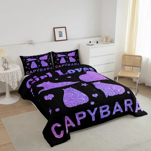 Vista 2 de Feelyou Juego de edredón de dibujos animados de Capybara, tamaño individual con 1 funda de almohada, juego de ropa de cama con estampado