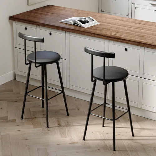 Vista 2 de Taburetes de bar, juego de 2 taburetes de cocina altos, sillas de bar con respaldo y reposapiés, taburetes industriales con asiento suave de PU