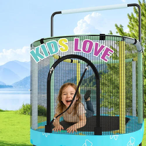 Vista 3 de Lamerge Kids Trampoline, Toddler Bouncing Trampoline with Safety Enclosure Net, ASTM-Approved, 500lbs Capacity, Ages 1-8, Adjustable Handrail