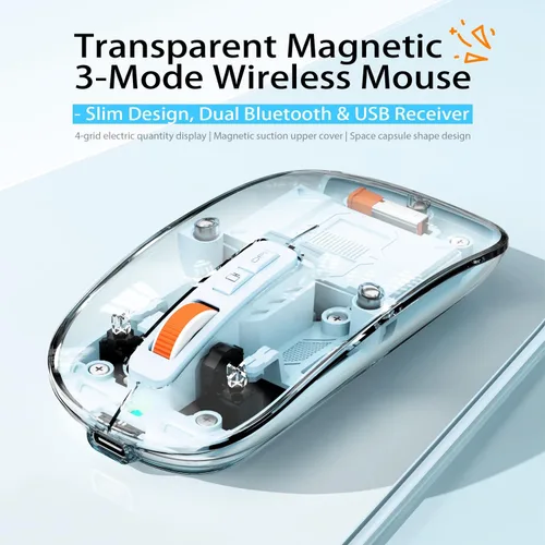 Vista 2 de FMOUSE Ratón Inalámbrico Moderno Transparente y Delgado - Diseño de Cáscara Magnética, 3 Modos (Bluetooth Dual + USB), Recargable, Escritorio de Un