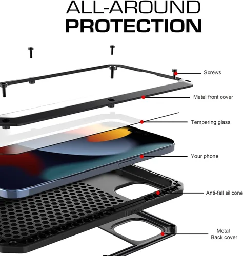 Vista 9 de Compatible con iPhone 15, funda protectora de cuerpo completo 360, resistente a los golpes, funda de metal de aleación de aluminio con protector