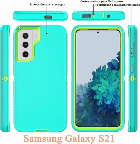 Vista 2 de Funda resistente 3 en 1 para Galaxy S21 (no para S21 Plus), con película de TPU flexible y película de lente de cámara, paquete de 2 fundas SF-Aqua