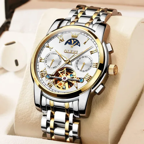 Vista 3 de OLEVS Relojes automáticos para hombre diseño de esqueleto Tourbillon cuerda automática de lujo a la moda reloj de pulsera fase lunar día fecha