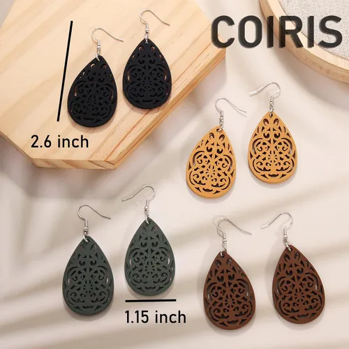 Vista 6 de 4 pares de aretes de madera de diferentes formas, bohemios, huecos, de madera, africanos, colgantes