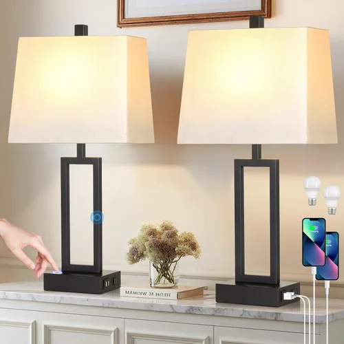Vista 12 de Rinweey Juego de 2 lámparas de mesa de 23.5 pulgadas, modernas lámparas de noche negras con 2 puertos USB y salida de CA, lámparas de mesita